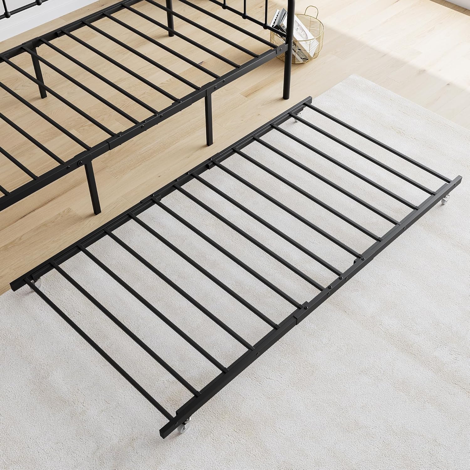 Twin Size Metal Daybed, Metal Day Bed with Trundle w/4 Esay-Glide Casters, Heavy Duty Steel Slat Support Sofa Bed with Headboard for Living Room Bedroom Guestroom, Noise Free, Black