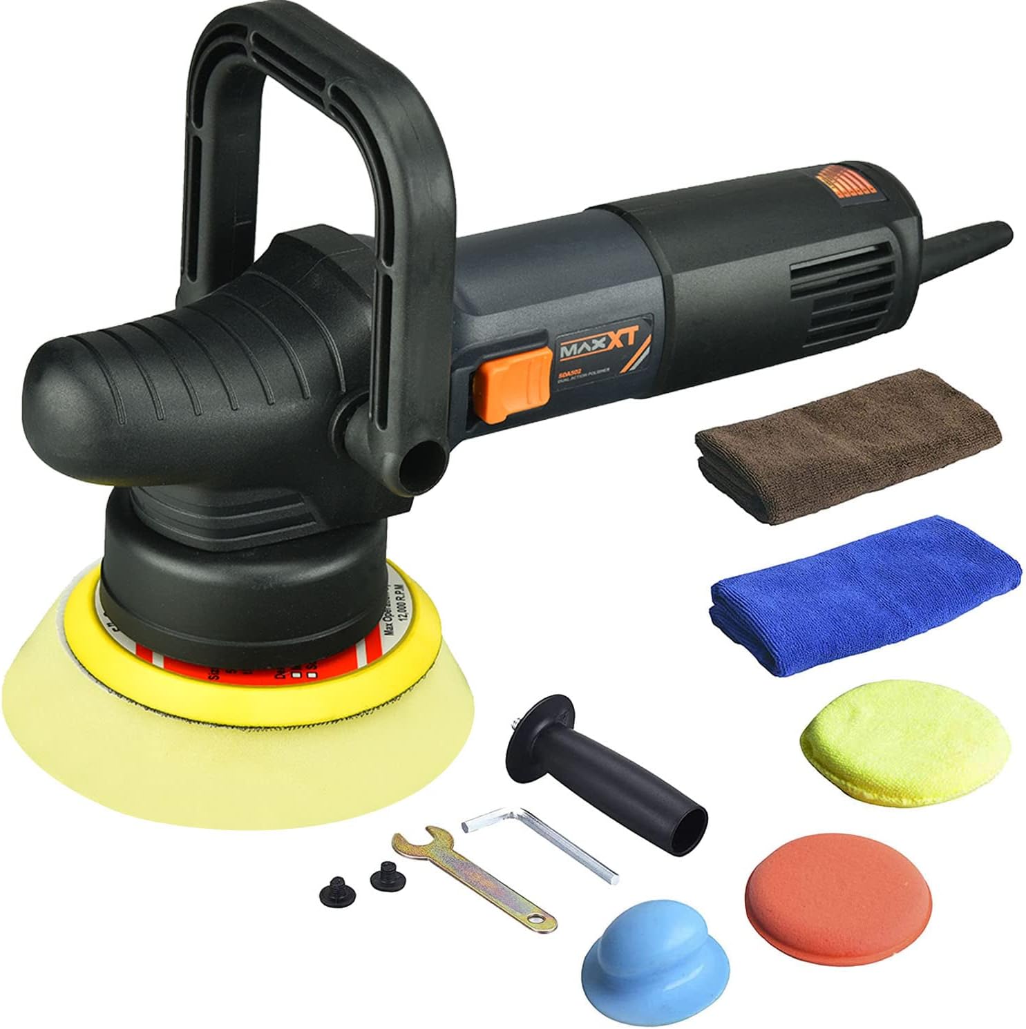 MAXXT Car Buffer Polisher Rotary Variable Speed Car Polishing Machine 7 Inch Car Detailing Kit with D and Side Handle, Woolen fleece hood, Terry polishing bonnet, Sanding discs