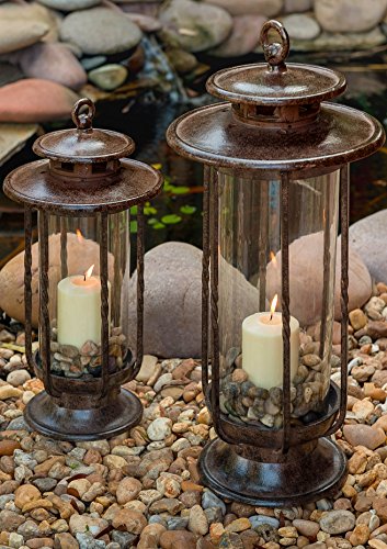 H Potter Large Decorative Hurricane Lantern Glass Candle Holder Cast Iron Rustic Indoor and Outdoor Light with Powder Coat Finish Centerpiece for Home Wedding Farmhouse Decor