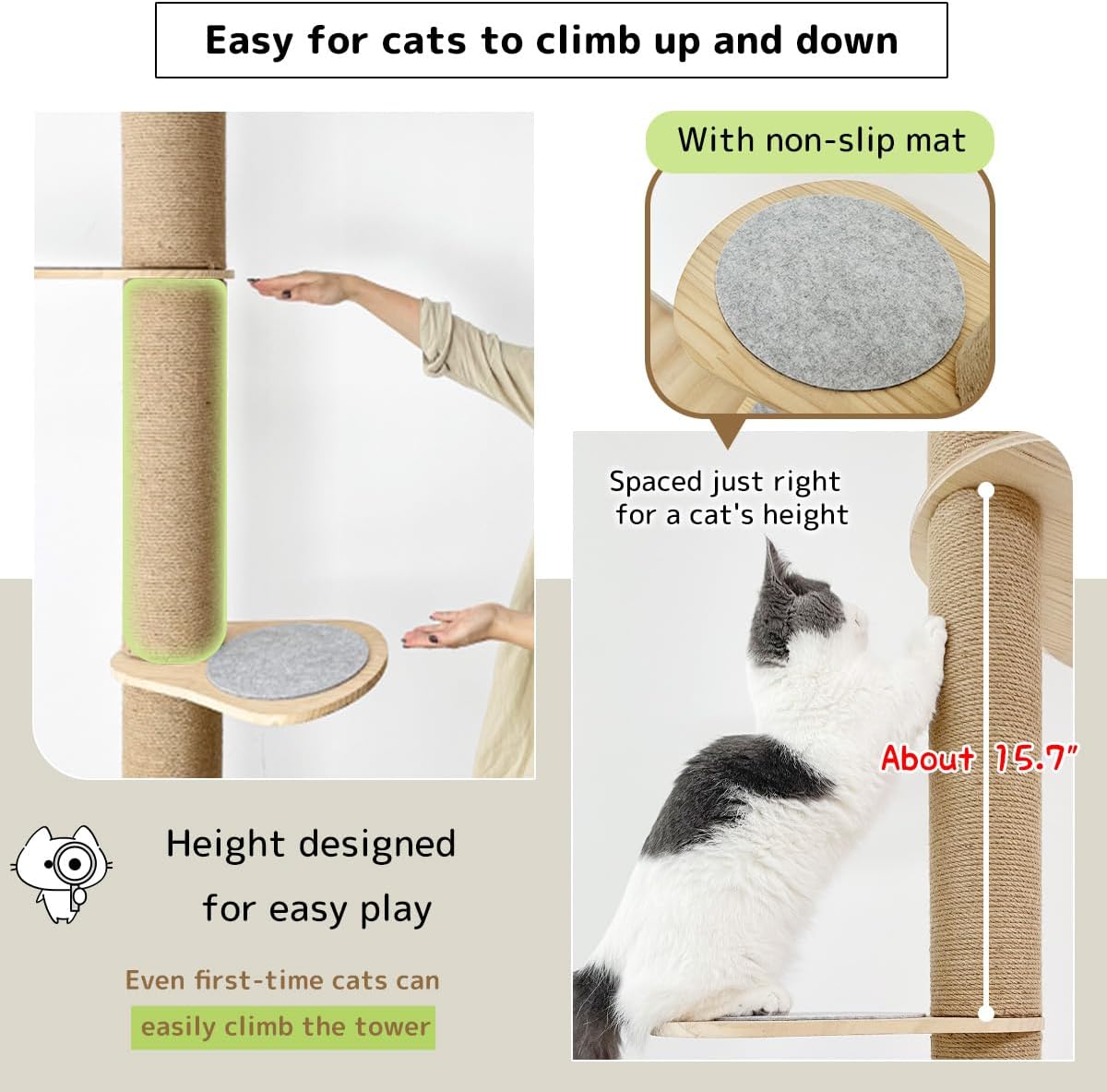 Cat Climbing Tower, Floor-to-Ceiling, Natural Sisal Rope Scratching Post, 93.7-101.1Inch, 101.2-108.6Inch, 108.7-115.4Inch