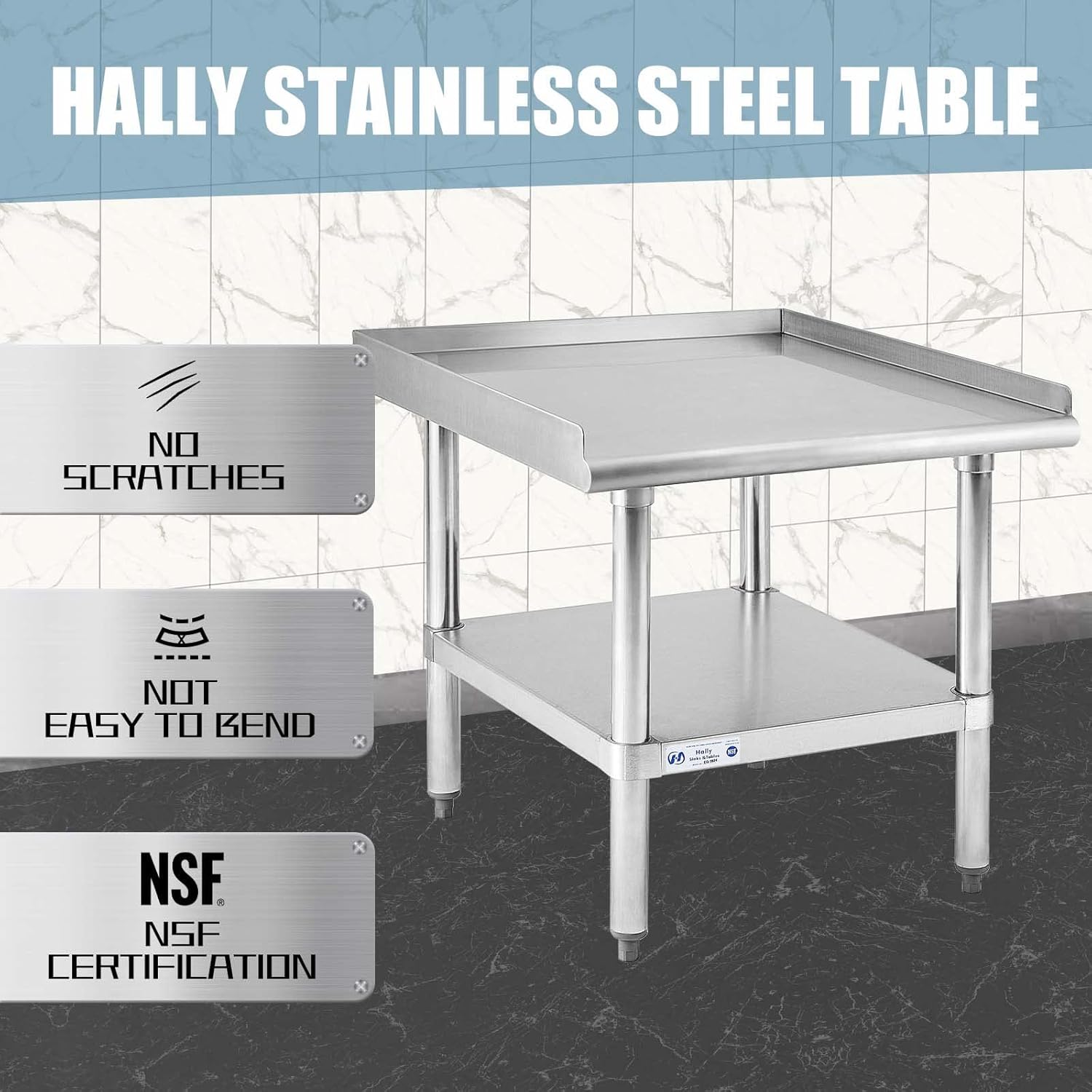 HALLY Stainless Steel Equipment Stand 28x24 Inches with Undershelf, NSF Commercial Prep & Work Table with Rear and Side Risers, Heavy Duty Grill for Kitchen, Bar, Restaurant, Home and Hotel