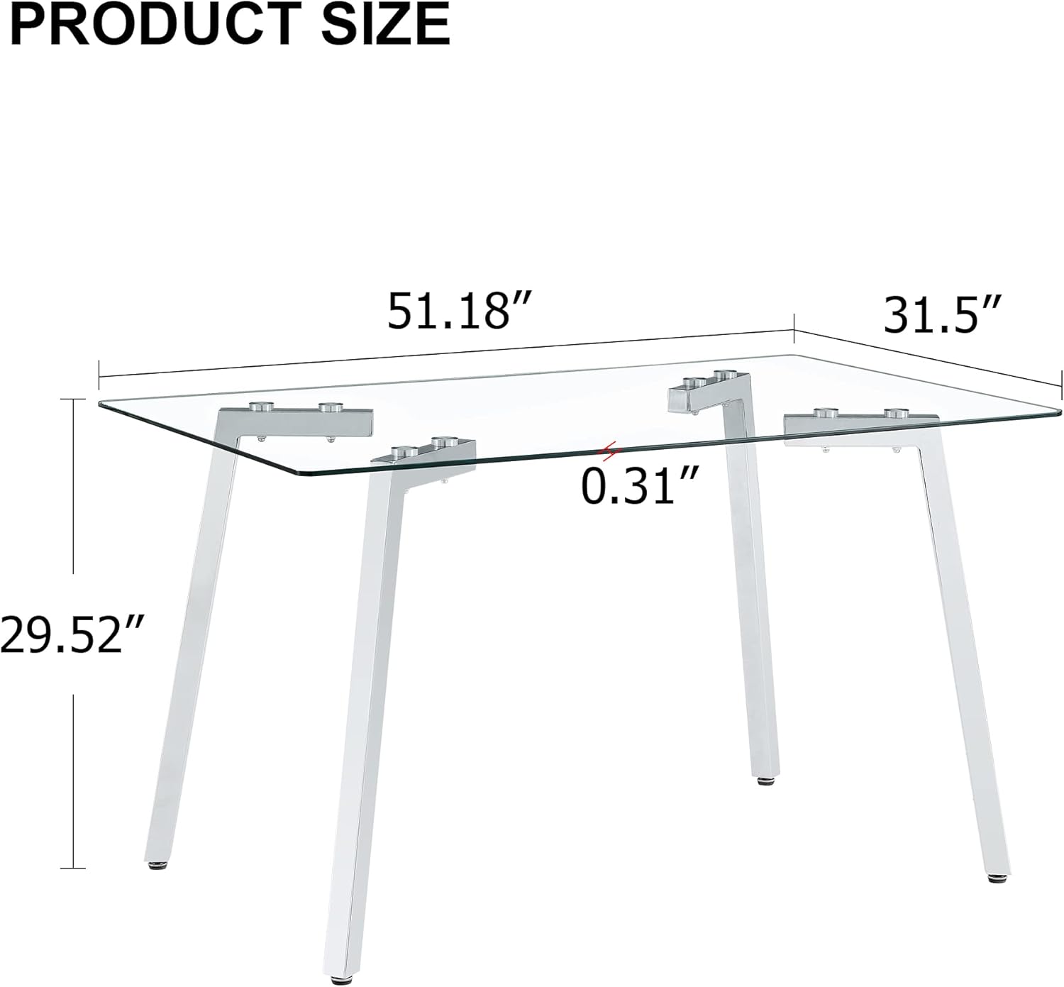 Modern Minimalist Rectangular Glass Dining Table | 0.31" Tempered Glass Top | Silver Metal Legs | Versatile Writing Desk | Easy Assembly