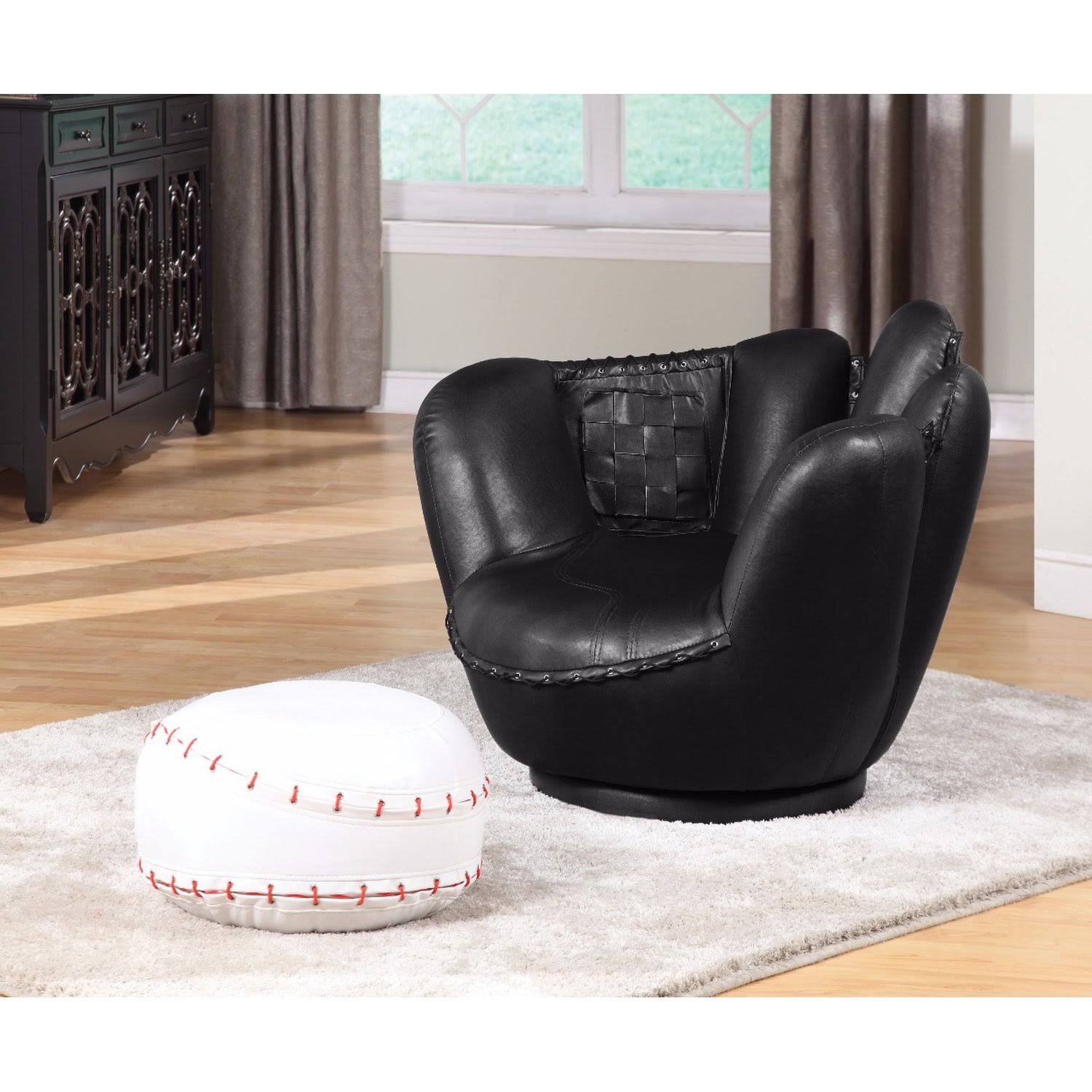 Benzara All Star 2 Piece Pack Chair u0026 Ottoman,Baseball Black and White