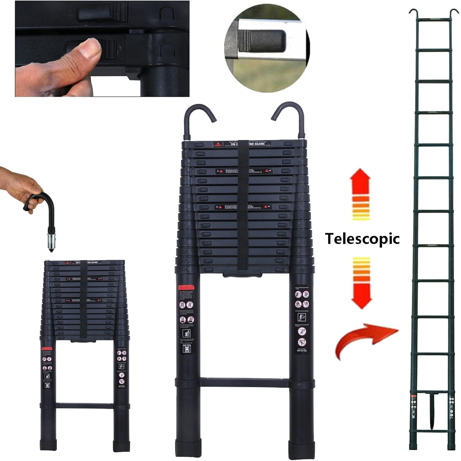 20 FT Aluminum Telescoping Ladder with 2 Detachable Roof Hooks(2.8 inch), Lightweight Telescopic Extension Ladder for Home, Multi-Purpose Rv Ladder Loft Ladder Max 330 Lb Capacity, EN131 Certificated