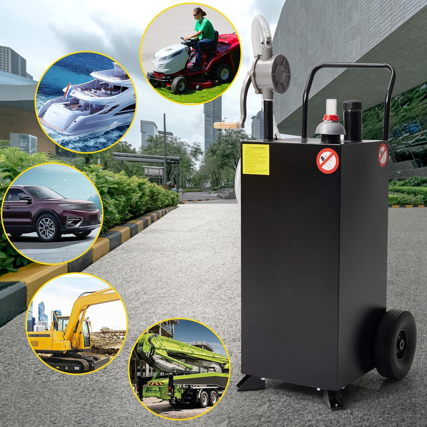 30 Gallon Gas Caddy, Fuel Storage Tank & 2 Wheels, with Manual Transfer Pump, Gasoline Diesel Fuel Container for ATV Car Mowers Tractors Boat Motorcycle (Black)