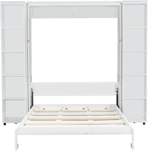MERITLINE Foldable Hidden Queen Murphy Bed Cabinet with Storage Bookshelf Bookcase, Wood White Murphy Wall Bed with Storage Shelves for Adults (Espresso)