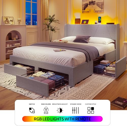 VOWNER Queen Bed Frame with Storage Headboard & 4 Drawers, LED Upholstered Bed Frame with Charging Station, Wood Slats Support No Box Spring Needed, Light Grey