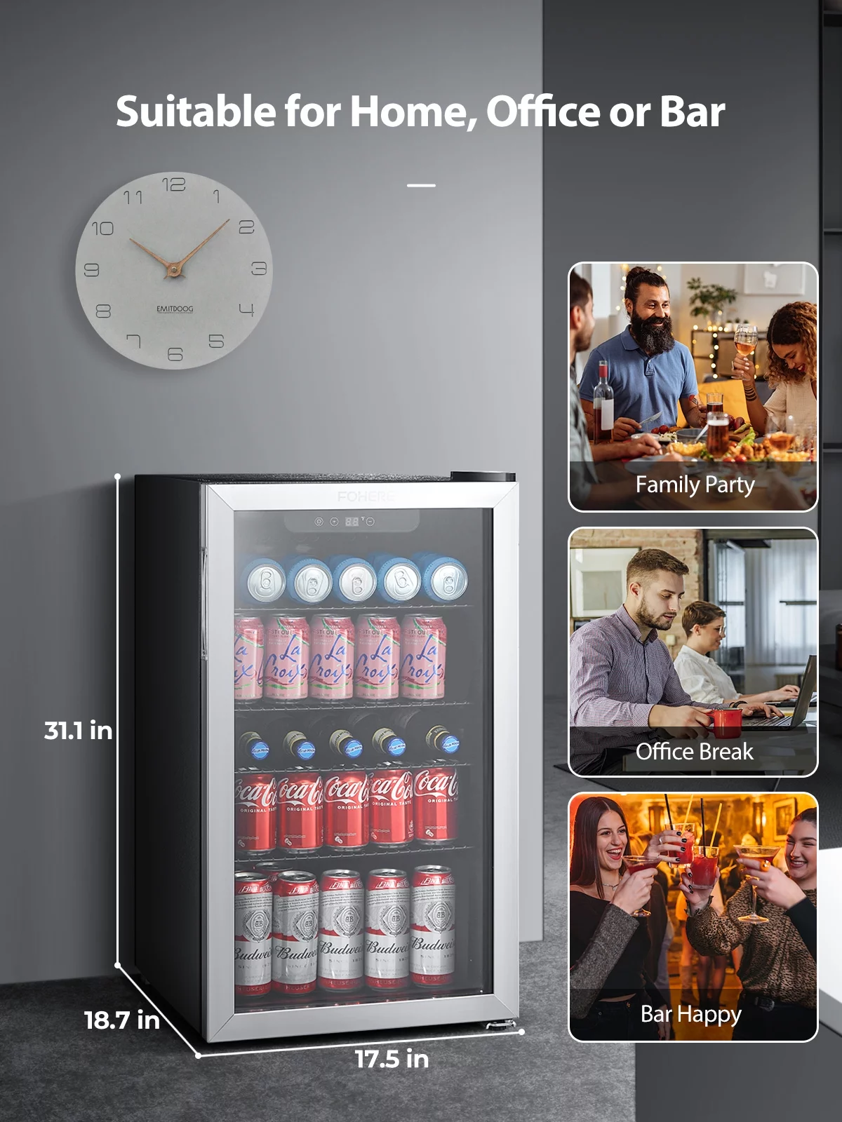 FOHERE 126 Can Beverage Refrigerator Cooler, 3.2 Cu.ft Mini Fridge, Wine Chiller for Bar/Office/Home, New, Reversible Door, 17.5 x 18.9 x 31.5 inches