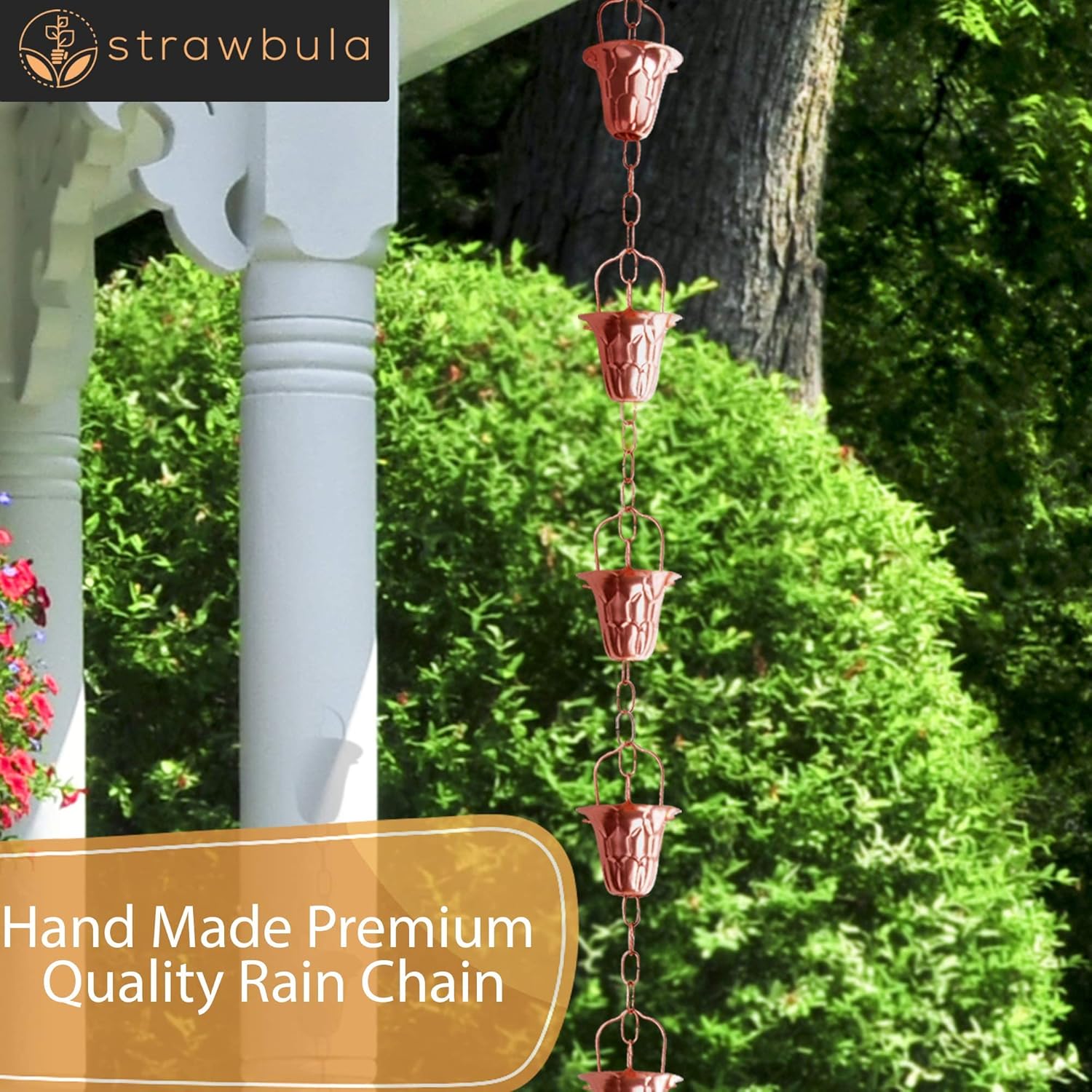 Strawbula Rain Chains for Gutters - Rain Chain for Downspouts for Heavy Rain - Premium Quality Antique Copper Rain Chains with Rain Chain Gutter Adapter, Decorative Rain Catcher Chimes for Gutter Pack of 2