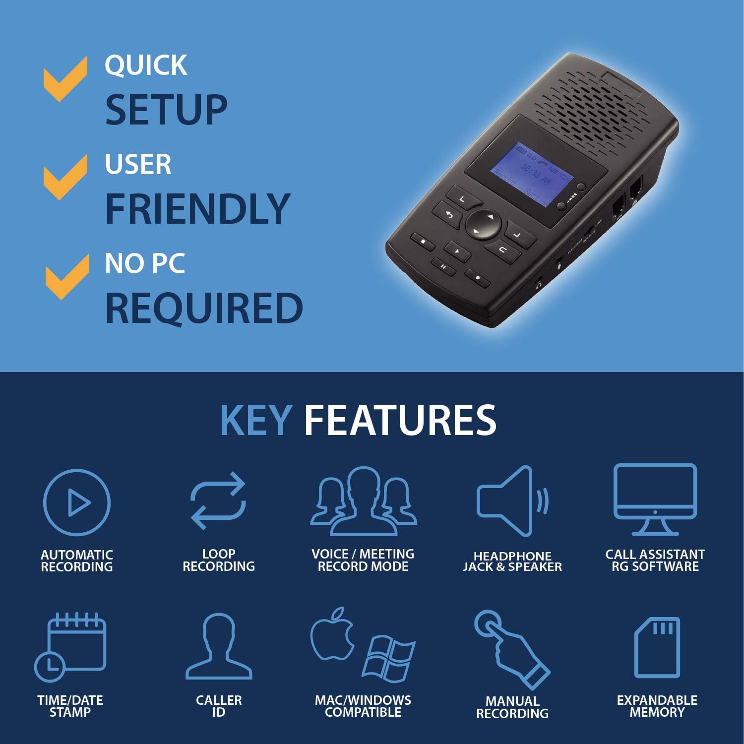 RecorderGear TR600 Landline Phone Call Recorder for Analog/IP/Digital Lines, Automatic Telephone Recording Device - 16GB