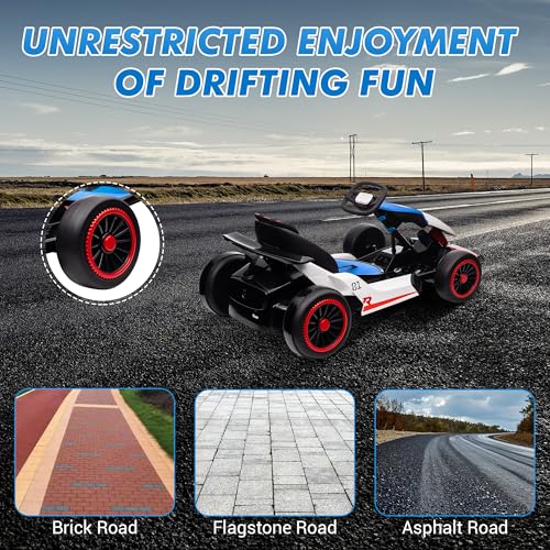 24V Electric Go Kart, Drifting Car Battery Powered Ride on Car with Powerful Motor for Kids 6-12 Years Old, Kids Go Kart with Slow Start, Music, Safety Belt,Max Load 110lbs for Boys and Girls