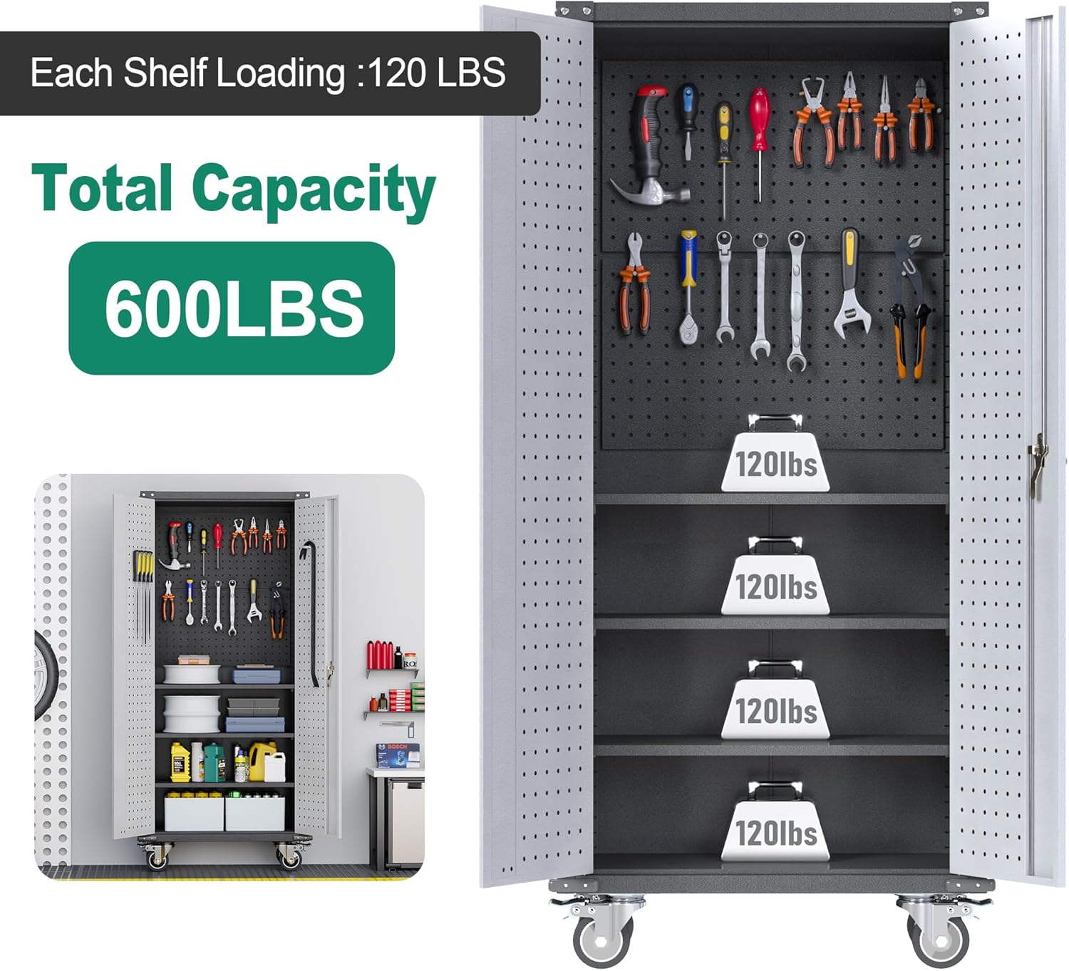 Metal Storage Cabinet with Pegboard and Wheels, Metal Utility Cabinets for Garage, Kitchen, Office Basement, Assembly Required