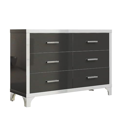 SSLine Modern 6-Drawer Dresser Luxury Elegant Accent Storage Cabinet with 6 Drawers High Gloss 47.2" Wide Chest of Drawer with Mirrored Edge Decor for Bedroom Living Room Nursery(Black)