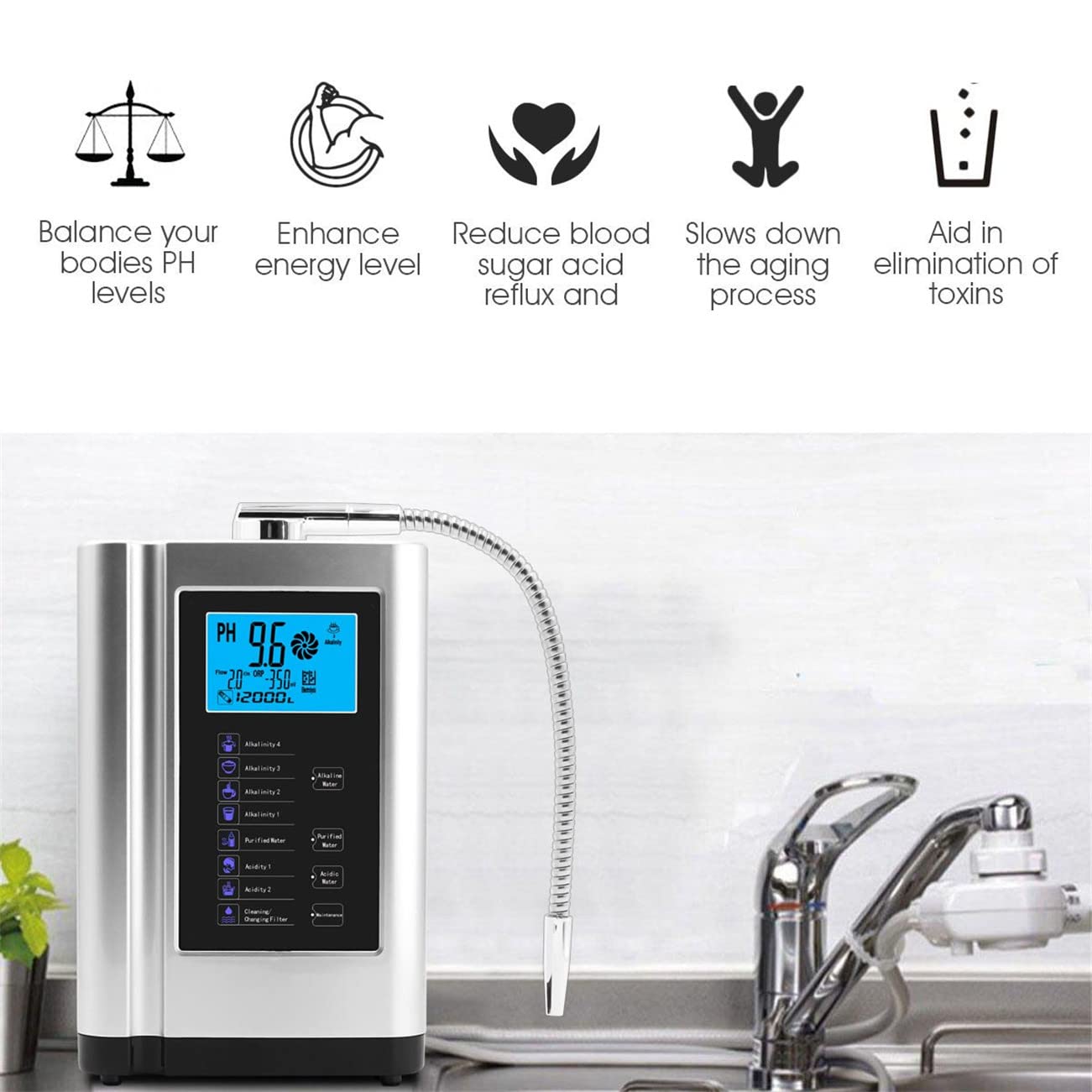 Alkaline Water Ionizer Machine, Hydrogen Generator Home Water Filter System Purifier for PH3.5-10.5 Acid Alkaline Water