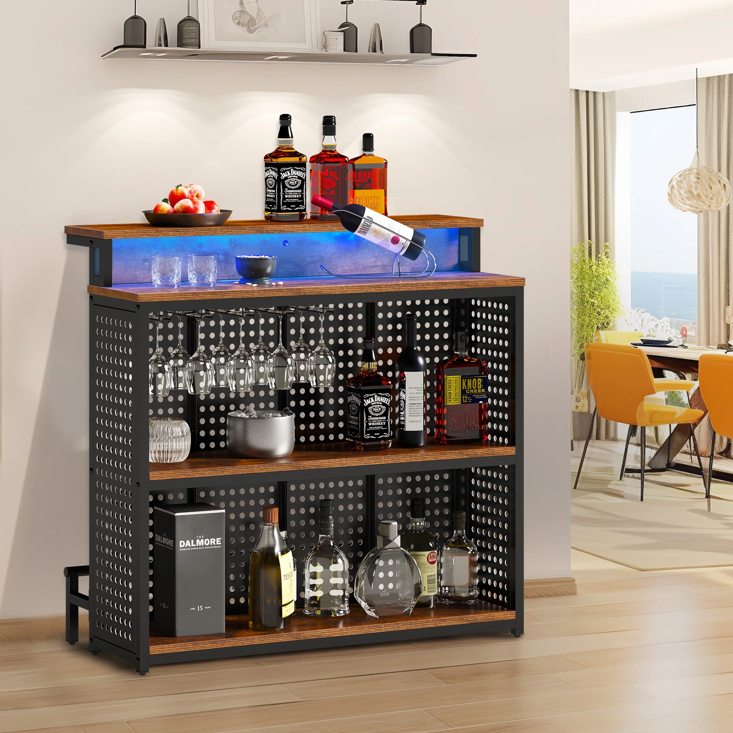 Dextrus 4 Tier Home Bar Unit, 43" Liquor Bar Table with Adjustable RGB LED Color Lights, Mini Bar Cabinet with Stemware Rack and Footrest for Home Pub, Party, Rustic Brown