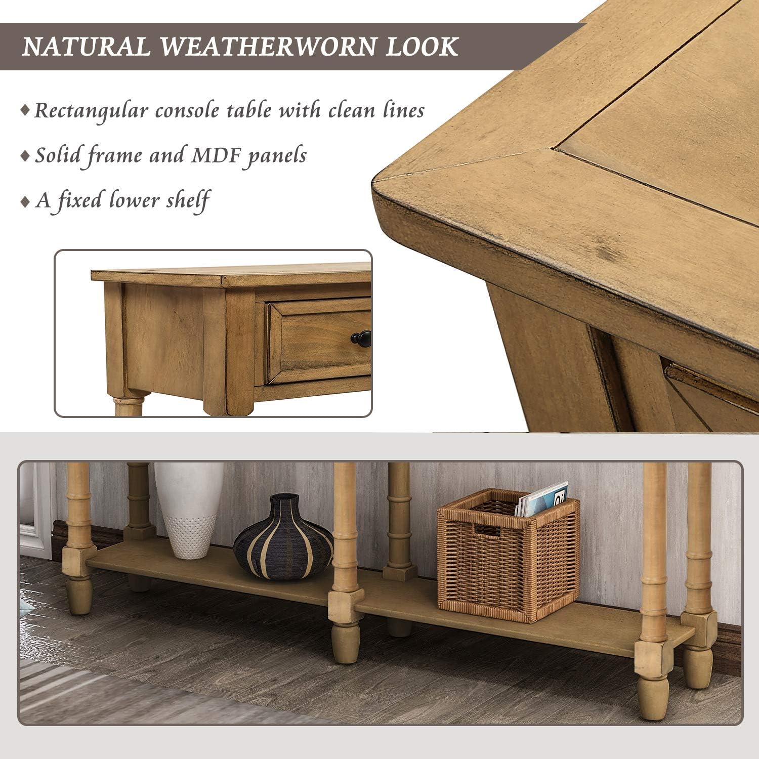 Farmhouse Console Sofa w/Two Storage Drawers & Bottom Shelf, Classic Solid Wood Entryway-Table for Living Room Bedroom Hallway, Easy to Assemble, Old Pine, 58 Inch