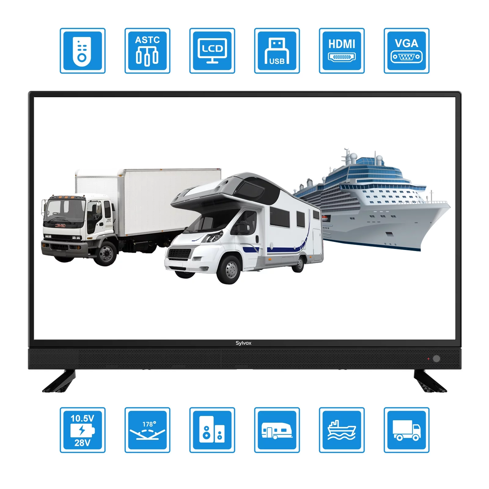 Sylvox 32inch RV TV, 12 Volt DC Powered 1080P FHD TV for RV Camper Integrated ATSC Tuner, Built-in Hifi Speaker FM Radio