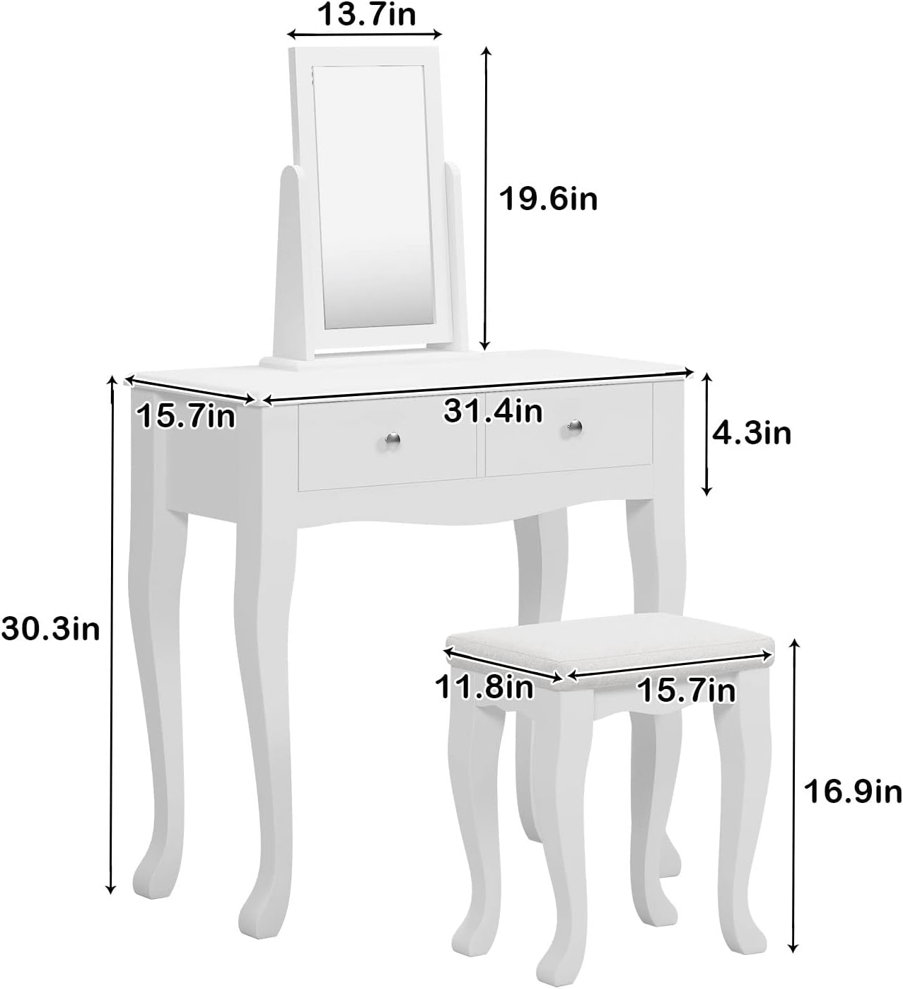sogesfurniture Vanity Dressing Table Set Wooden Contemporary with 360° Pivoting Mirror and Stool, Multifunctional Makeup Dressing Table and with 2 Drawers, White