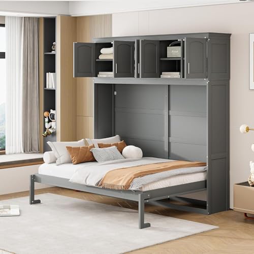 MERITLINE Queen Horizontal Murphy Bed Cabinet with Storage Bookcase Shelves and Charging Station,Wood Folding Grey Murphy Wall Bed for Adult