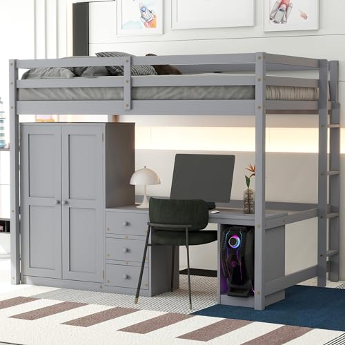 Wooden Full Size Loft Bed with Wardrobe, Desk and Storage Drawers,for Kids Teens Adults Bedroom Use (White@Drawers, Full)