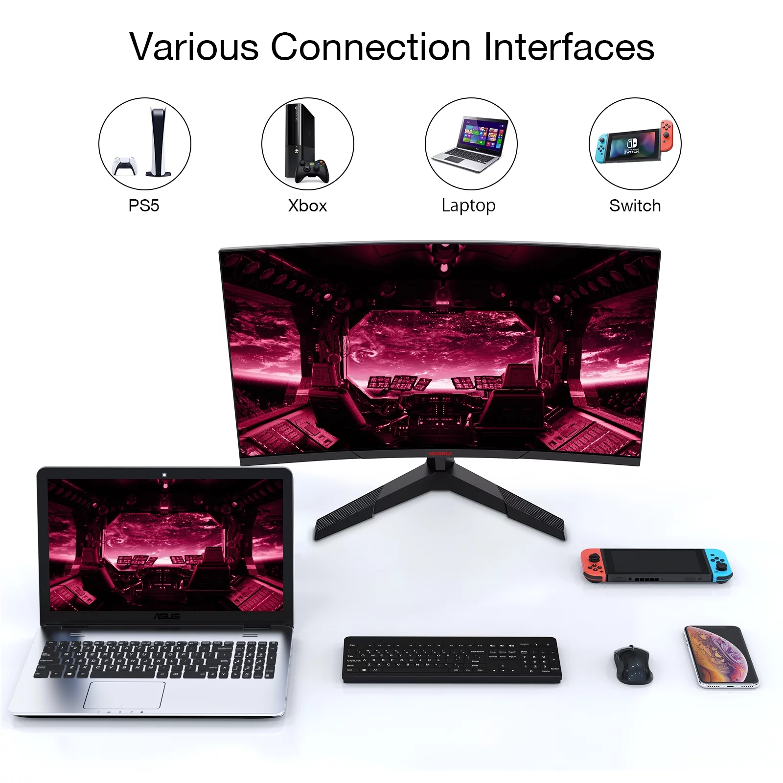 KOORUI 27 inch 2K QHD 144Hz 1ms Curved Gaming Monitor,Adpitive-sync Technology,100% sRGB Computer Monitor,HDMI/DisplayPort,Black,27E6QC