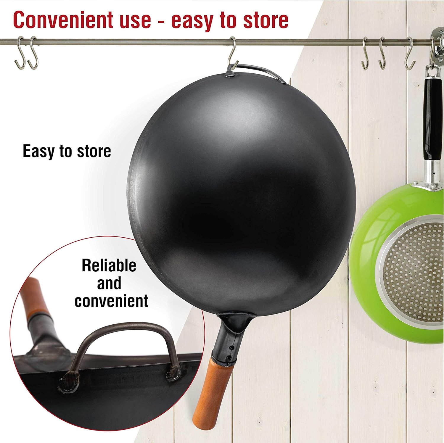 YOSUKATA Carbon Steel Wok Pan - 14 �� Woks and Stir Fry Pans - Chinese Wok with Round Bottom Wok - Traditional Chinese Japanese Woks - Black Steel Wok
