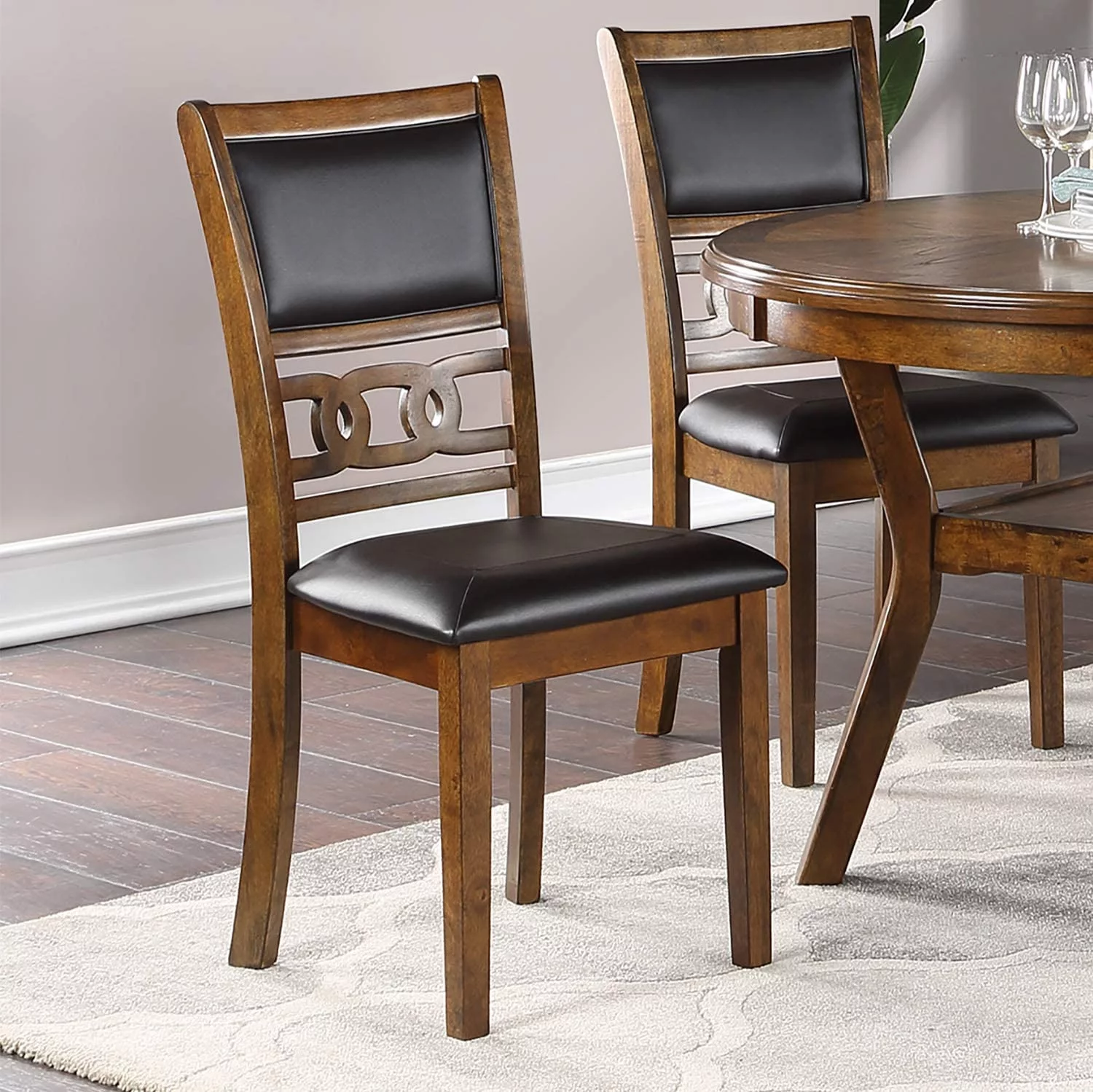 Set of 2 Chairs in Walnut Color Dining Room Furniture Dining Chairs Unique Design Rubberwood PU Foam Cushion Seat Side Chairs