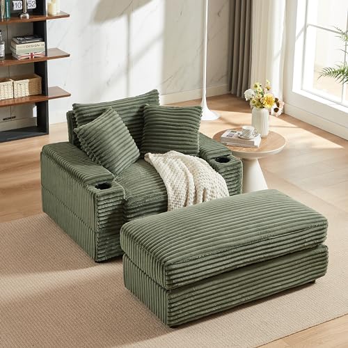 Oversized Chaise Lounge Sofa Chair with Movable Ottoman, 43.3" W Corduroy Upholstered Convertible Sleeper Corner Sofabed with Detachable Seat&Back Cushion for Living Room Office, Grey