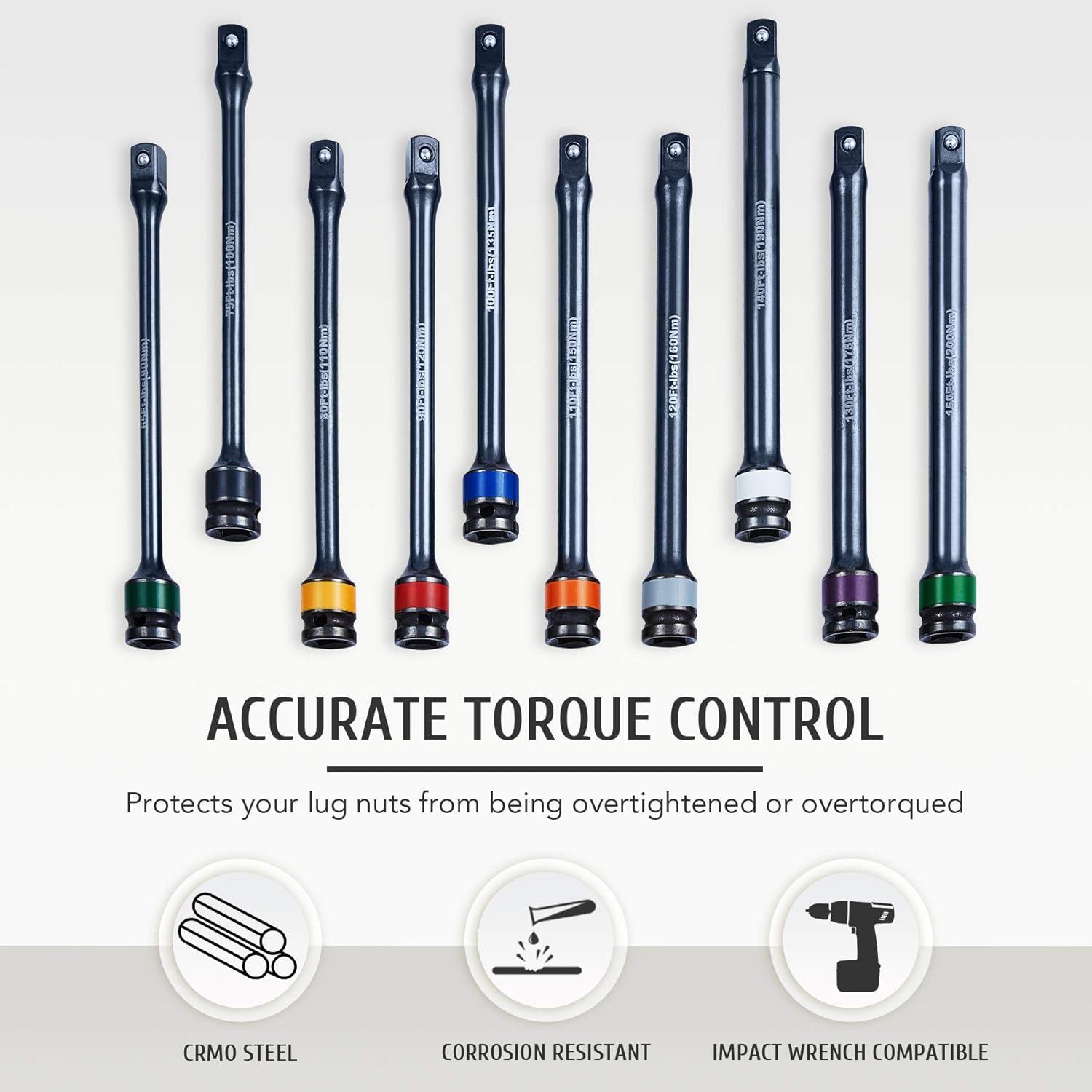 10pc 1/2" Drive Torque Limiting Extension Bar Set, Torque Extension Tool Set with 8 Inch 65-150 ft.-lb. Torque Sticks for Safely Locking Lug Nuts, Impact Torque Limiter Set Pack of 2