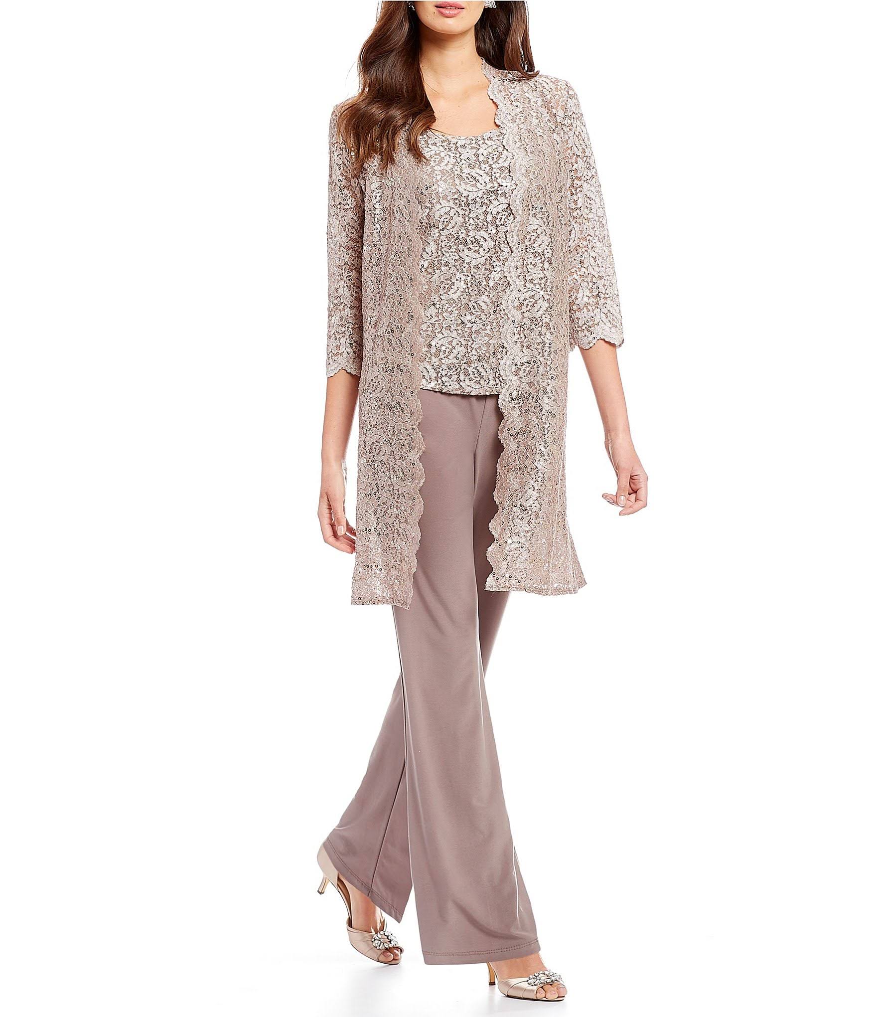R M Richards 3-Piece Sequin Glitter Scallop Lace Duster Pant Set - 10