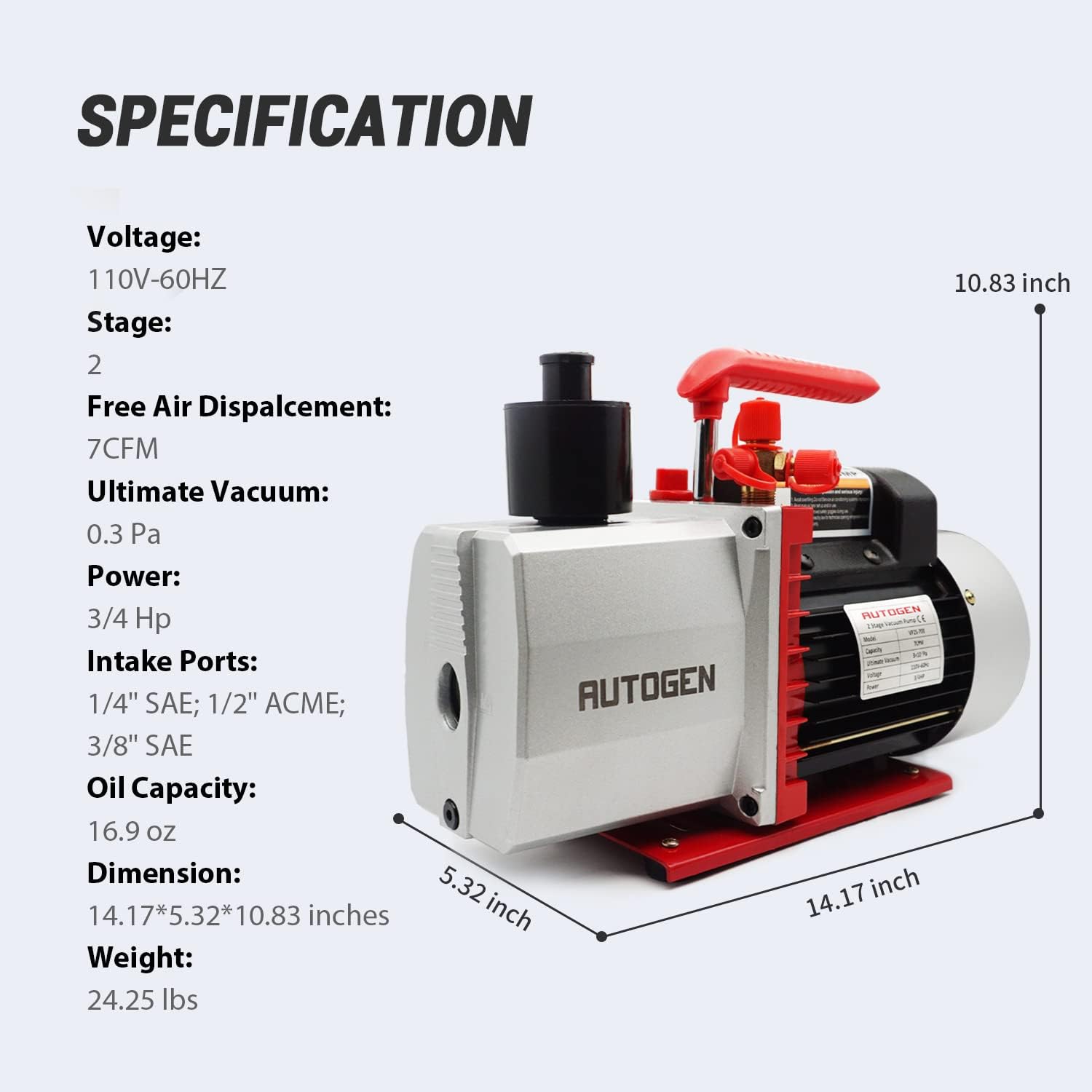 AUTOGEN 2-Stage Air Vacuum Pump 7CFM 0.3 Pa for HVAC/Auto AC Refrigerant Recharging, Degassing Wine, Milking Cow, Food Processing