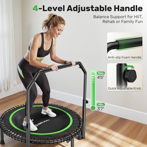 BCAN 450/550 LBS Foldable Mini Trampoline, 40"/48" Fitness Trampoline with Bungees, U Shape Adjustable Foam Handle, Stable & Quiet Exercise Rebounder for Adults Indoor/Outdoor Workout
