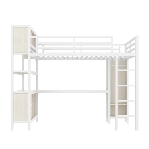 Linique Metal Loft Bed with Wardrobe & L-Shaped Desk - Sturdy Space-Saving Loft Bed Includes Storage Cubes, Shelves for Kids, Teens, Adults (White, Queen)