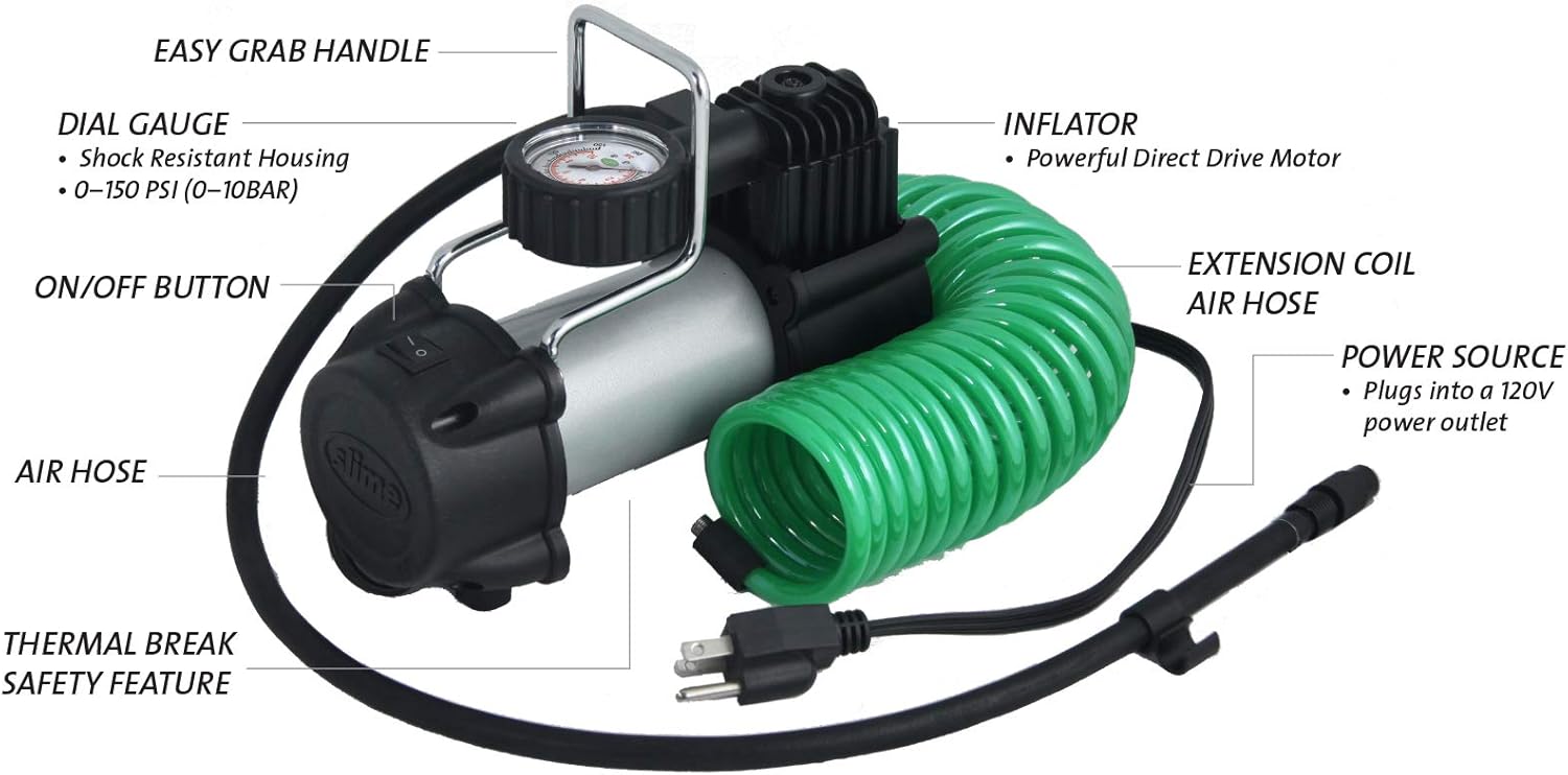 Slime 40045 Home Tire Inflator, Wall Mounted 120v, SUV, 4x4 Air Compressor, Heavy Duty, 2X Pro Power, Heavy Duty, with Analog 150 psi Dial Gauge, Long Hose and LED Light, 120V, 4 min Inflation Pack of 2