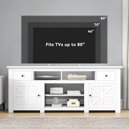 DWVO Farmhouse TV Stand, Entertainment Center with Power Outlet for TVs Up to 80 Inch, TV Console with Movable Partition & Storage Drawer, Rustic TV Stand for Living Room, White