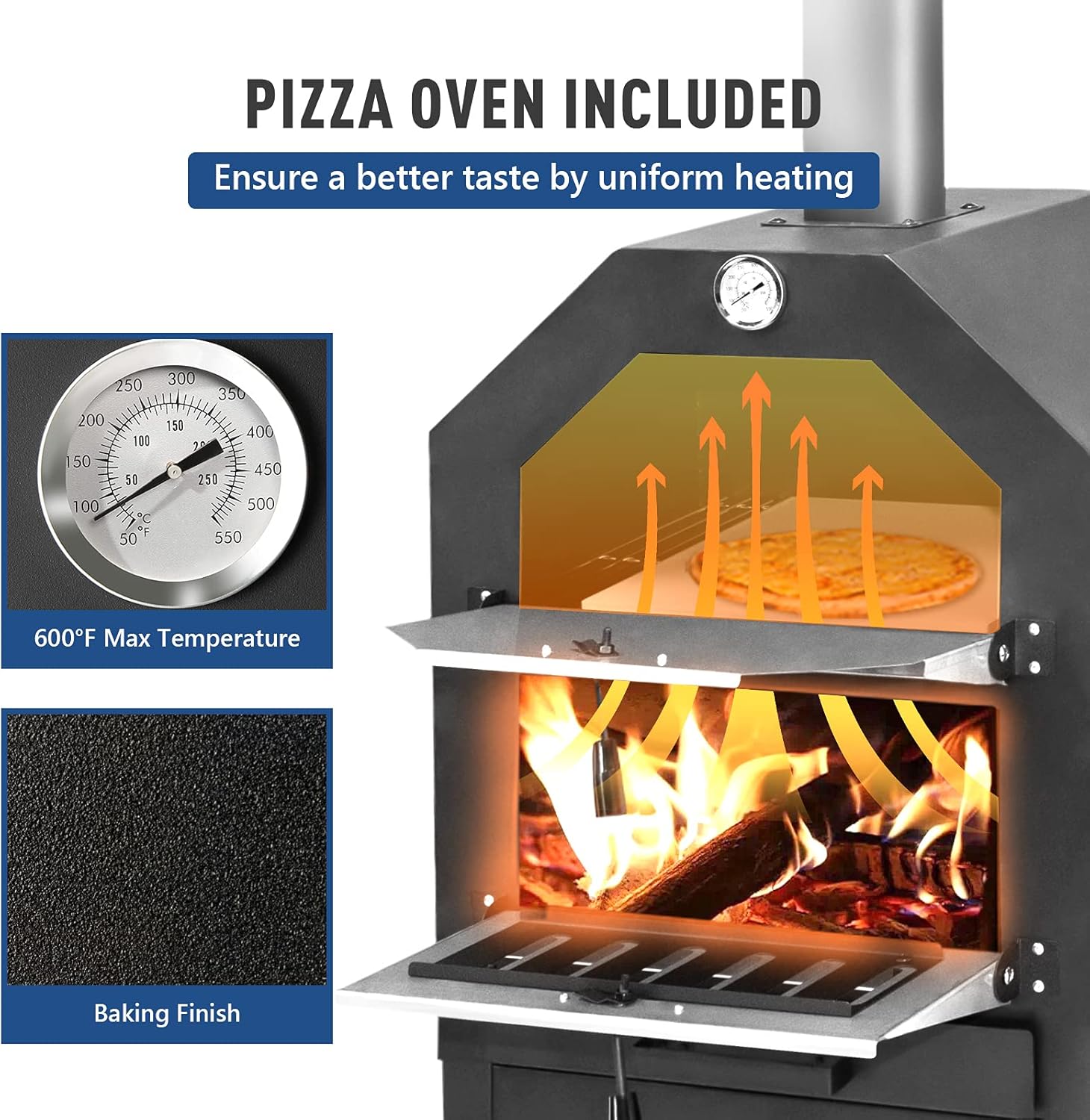 U-MAX Outdoor Pizza Oven Wood Fire with Waterproof Cover, Freestanding, Steel Pizza Grill, Pizza Maker Camping Cooker with Pizza Stone