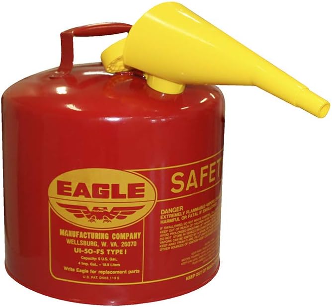 UI-50-FS Red Galvanized Steel Type I Gasoline Safety Can with Funnel, 5 Gallon Capacity, 13.5" Height, 12.5" Diameter,Red/Yellow Pack of 2