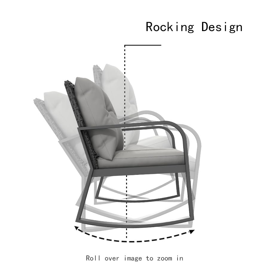 3 Piece Rocking Bistro Patio Set, Outdoor Rocking Chair, Outdoor Bistro Sets Wicker Patio Furniture Rocking Chairs Sectional Couch with Tempered Glass Top Coffee Table & Cushions, Dark Blue