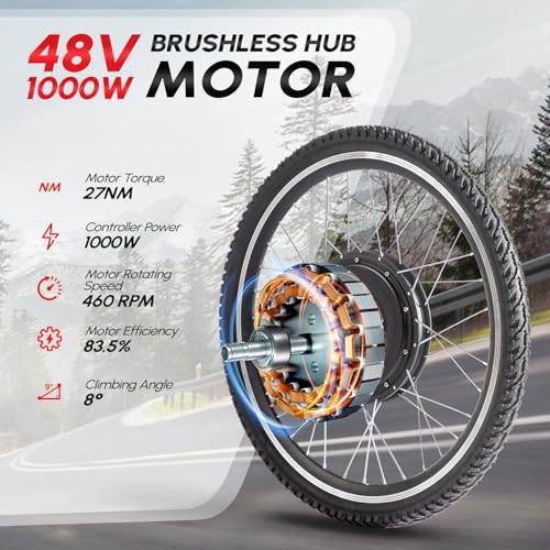PEXMOR Electric Bike Conversion Kit, 48V 1000W /1500W 26" Front/Rear Wheel E-Bike Hub Motor Kit, Upgrade 3 Mode Controller w/PAS/LCD Display/Twist Throttle Ebike Bicycle Wheel Kit