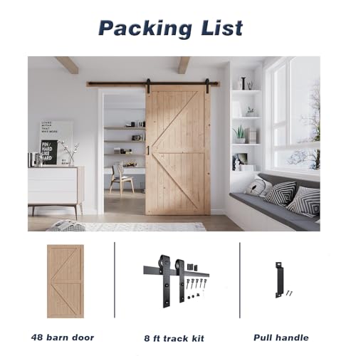 FREDBECK 48in x 80in Sliding Wood Barn Door with 8FT Barn Door Hardware Kit Included K Shape Solid Spruce Panel Sliding Door Double Surfaces Need to Assembly