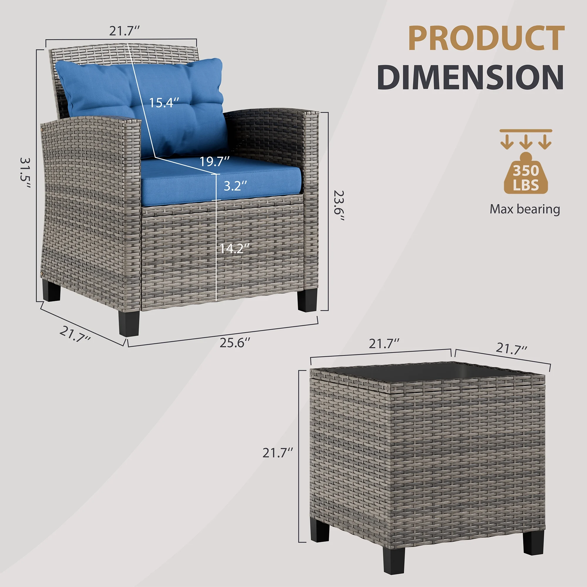Walsunny 3 Pieces Patio Furniture Set Outdoor Wicker Conversation Bistro Set Outdoor Patio Chairs with Tempered Glass Table Beige