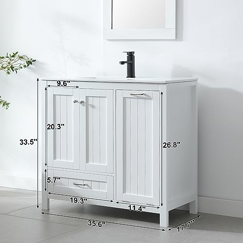 LUCKWIND 36" Bathroom Vanity with Sink Combo Set, Bathroom Cabinet with Laundry Hamper, includes 2 Doors, 1 Drawer and Soft Closing System, (Mirror Not Include), White