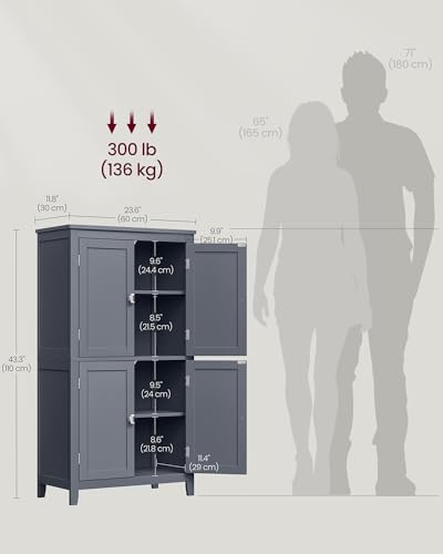 VASAGLE Bathroom Floor Storage Cabinet, Bathroom Storage Unit, Freestanding Cabinet with 4 Doors, Adjustable Shelves, 11.8 x 23.6 x 43.3 Inches, Forest Green UBBC552C01