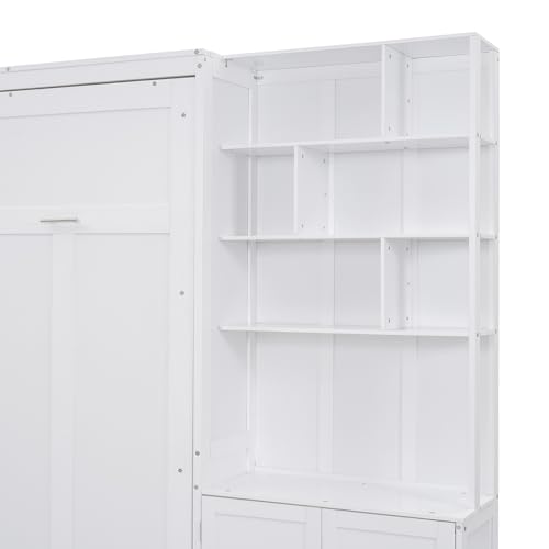 Queen Size Murphy Bed with Desk, 68 inch Murphy Bed Frame, Solid Wood Foldable Platform Bed,Foldable Cube Cabinet Queen Platform Bed, Space-Saving Wall Bed for Guest Room Home Office, White