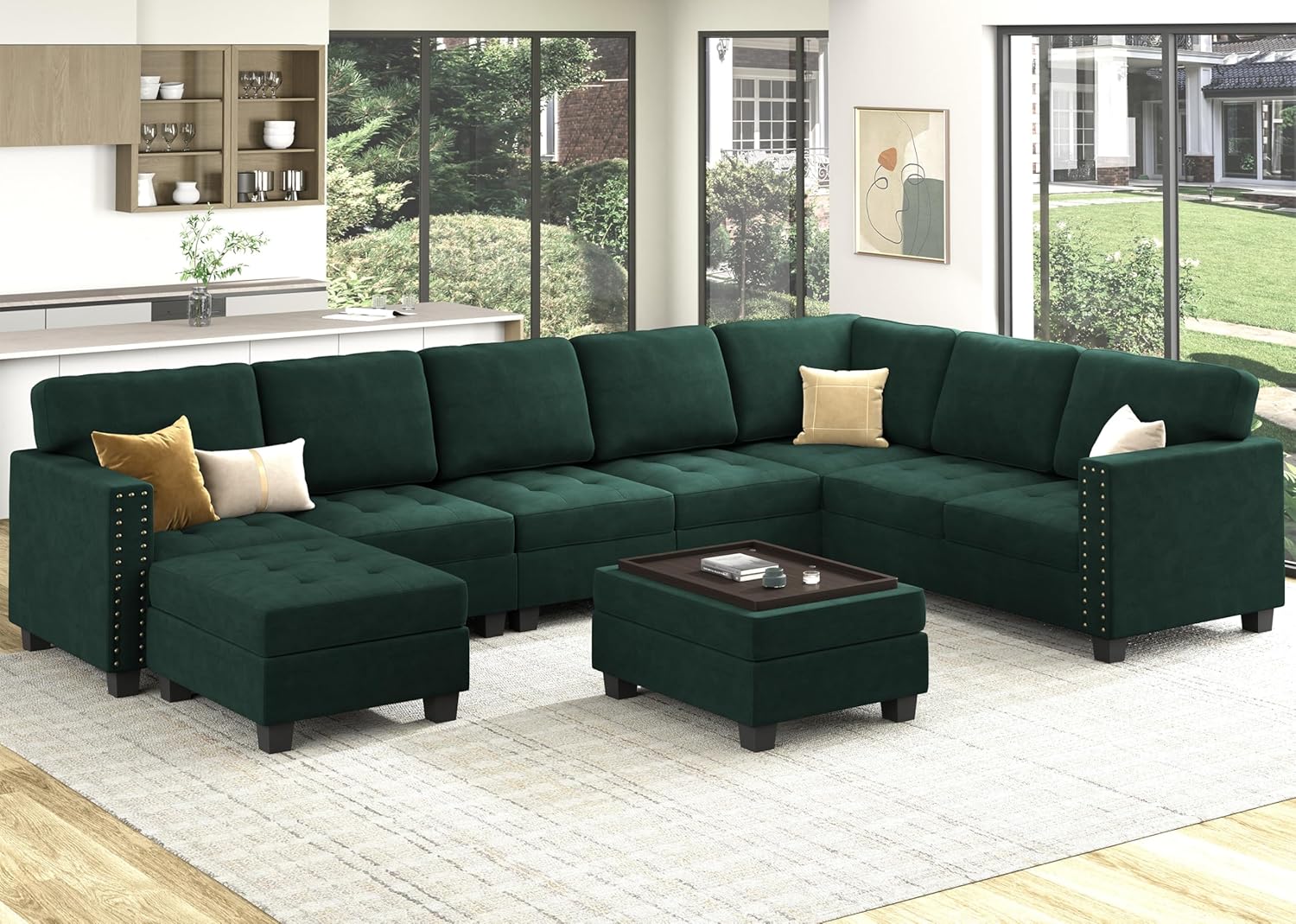 HONBAY Oversized Sectional Sofa, Convertible Modern Sectional Couch Velvet U Shaped Sofa Couch with Storage Ottoman Top Tray Sofa with Chaise, Green