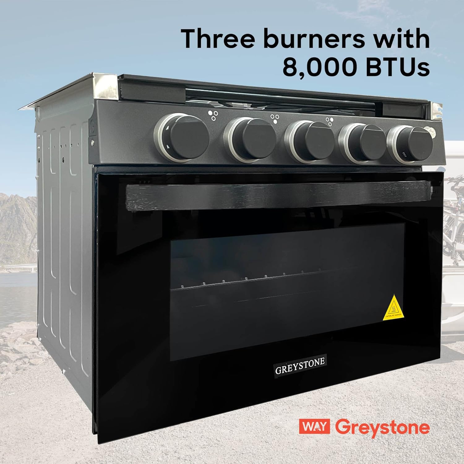 Greystone, 21 Inch RV Gas Range, Stove and Oven Combo, 12 Volt, LP, 3 Burners, Stainless Steel Trim with Black Fixtures
