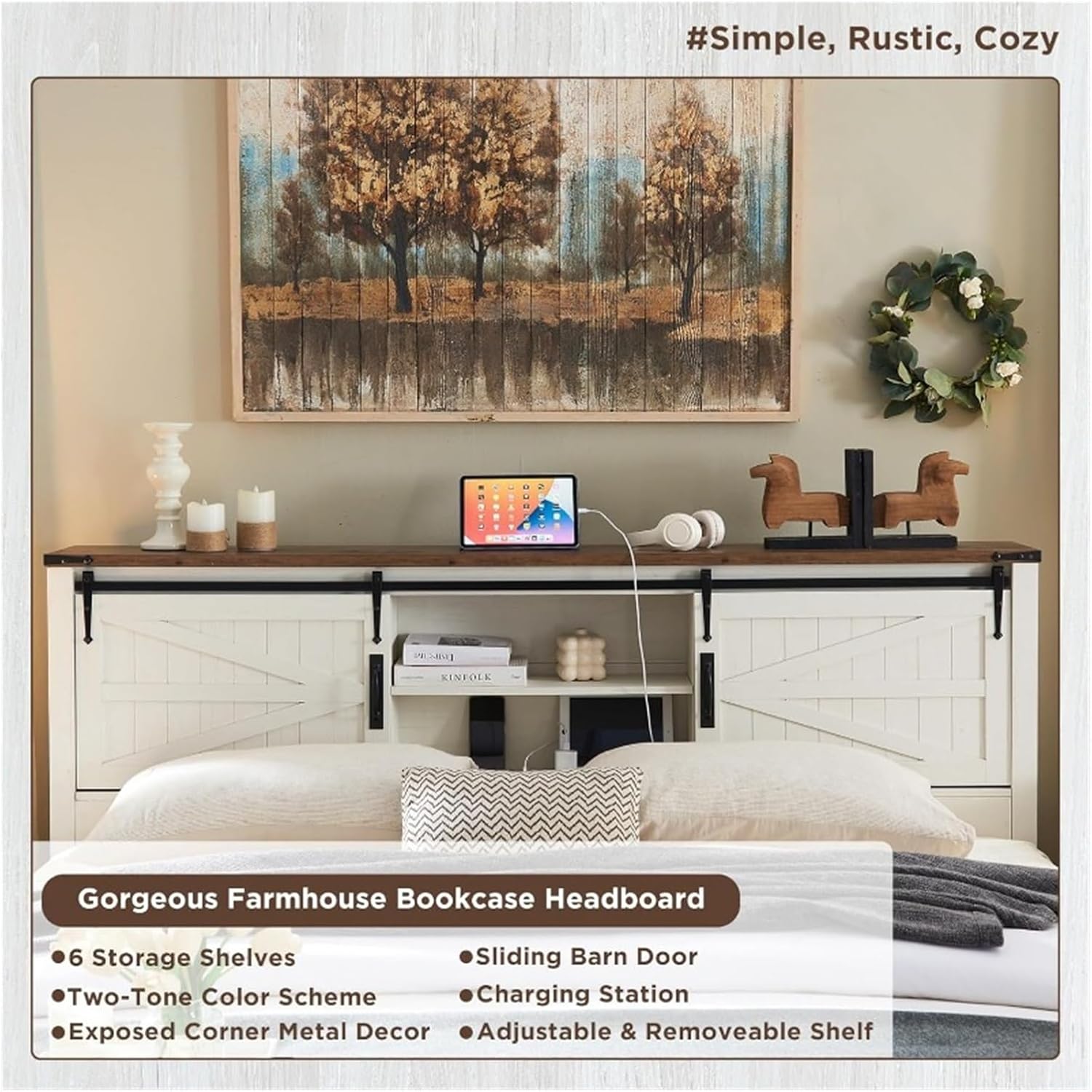 Farmhouse Queen Size Bed Frame with Storage Bookcase Headboard with Sliding Barn Door, Rustic Wood Platform Bed,Modern Style, xx-921