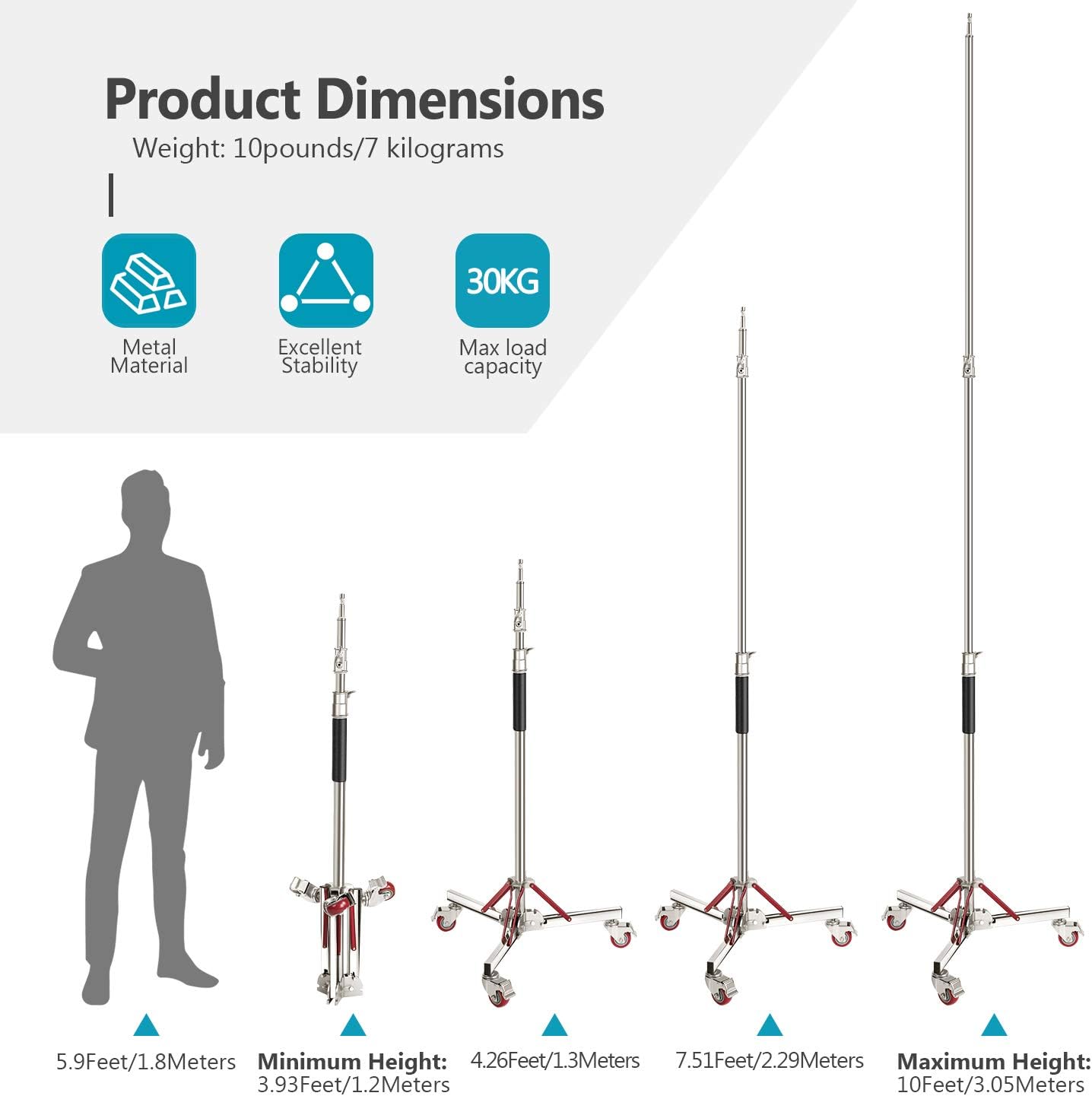Neewer Heavy Duty Light Stand with Casters, Adjustable Tripod Stand with 100% Stainless Steel, Photography Wheeled Base Stand for Studio Softbox, Monolight, Reflector, Max Height: 10ft/305cm