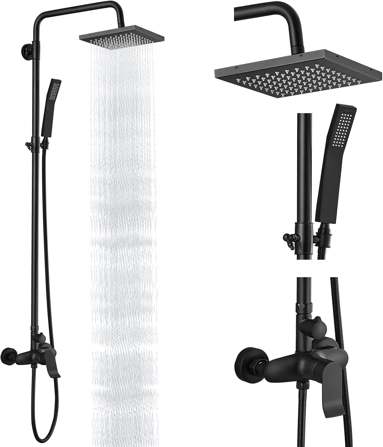 Heyalan Exposed Shower System Brushed Nickel 3 Functional Adjustable Complete Set Tub 8 Inch Square Rainfall Shower Head with Square Hand-held