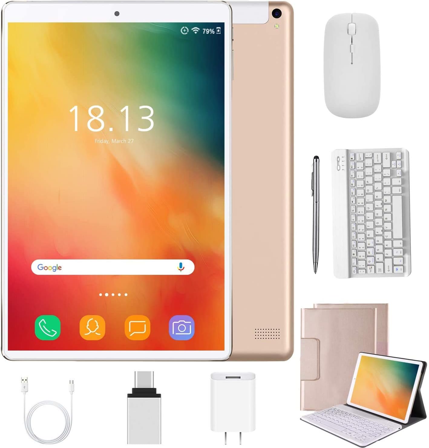 2 in 1 Tablets 10 Inch, Android 9 Tablet PC with Wireless Keyboard Case, 4GB RAM 64GB ROM/128GB Computer Tablets, Quad Core, HD/IPS, 8000mAh, Dual 4G SIM/WiFi (Gold)